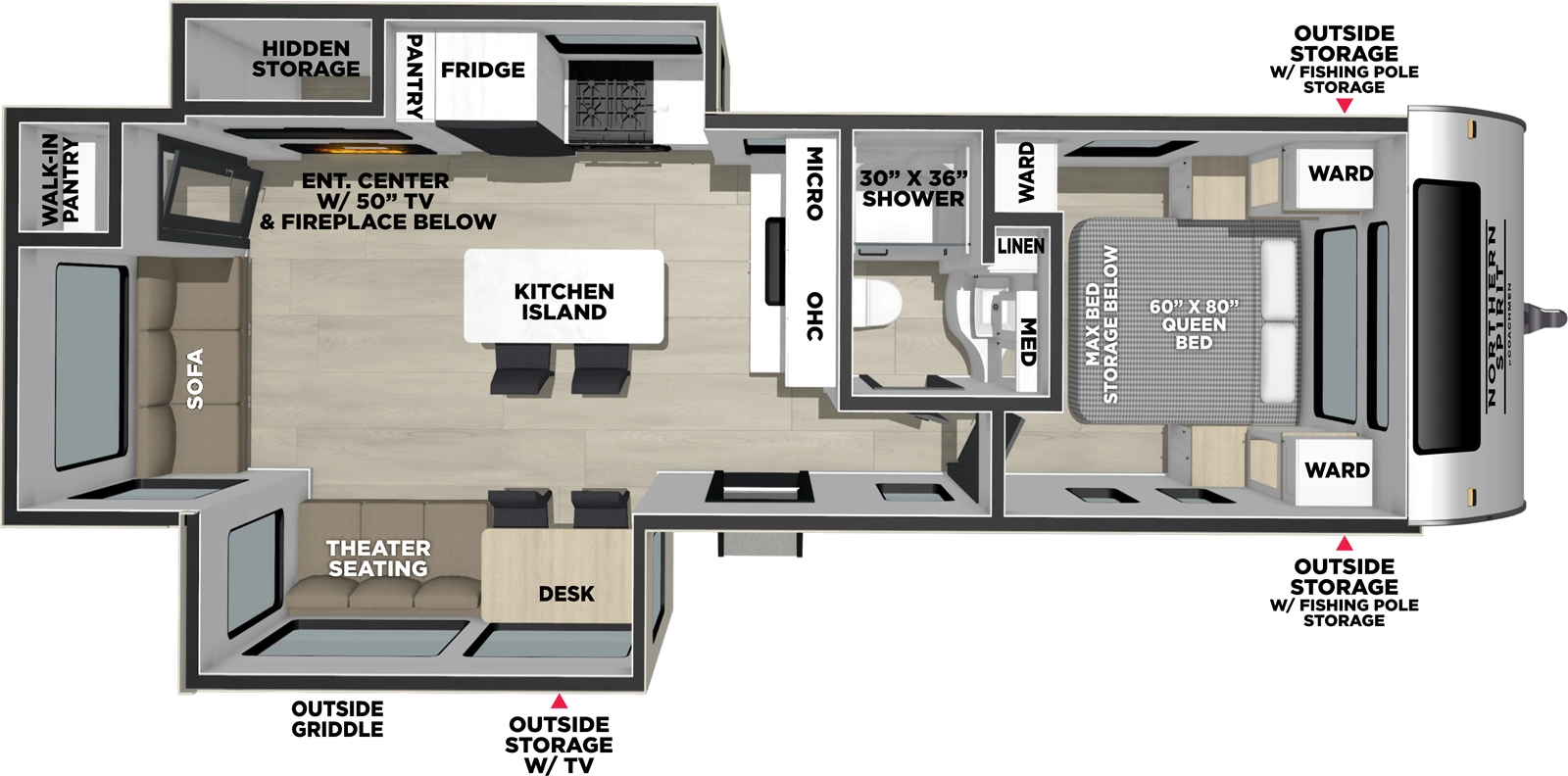 The Northern Spirit 2975RL floorplan has one entry and two slide outs. Exterior features include: fiberglass exterior, 20' awning and outside kitchen. Interiors features include: kitchen island, front bedroom and rear living.